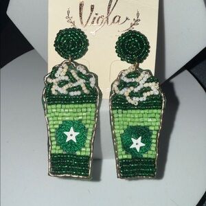 NWT Viola Brand Green Mint Frappuccino Felt Backed Earrings coffee cups